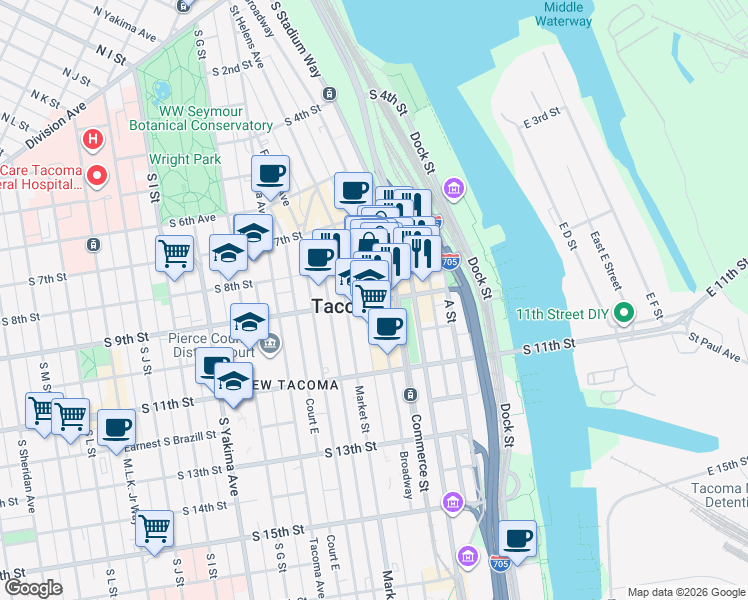 map of restaurants, bars, coffee shops, grocery stores, and more near S 9th St & St Helens Ave in Tacoma