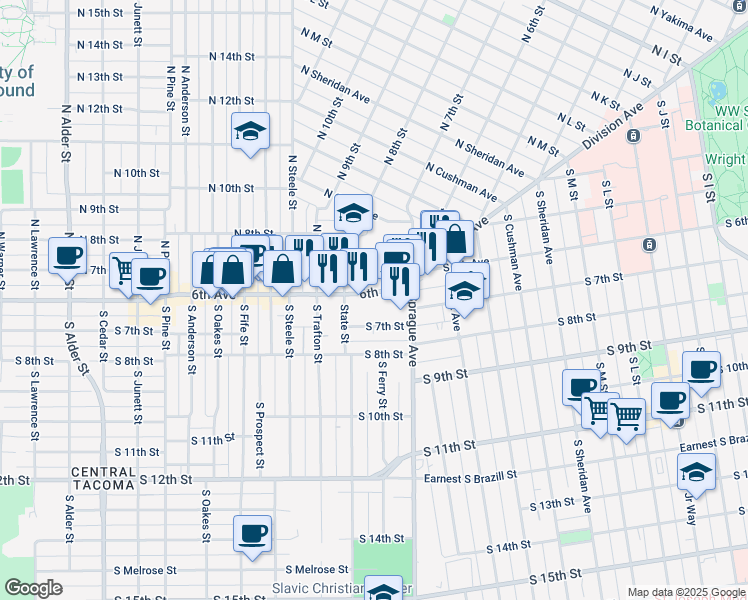 map of restaurants, bars, coffee shops, grocery stores, and more near 602 North Sprague Avenue in Tacoma
