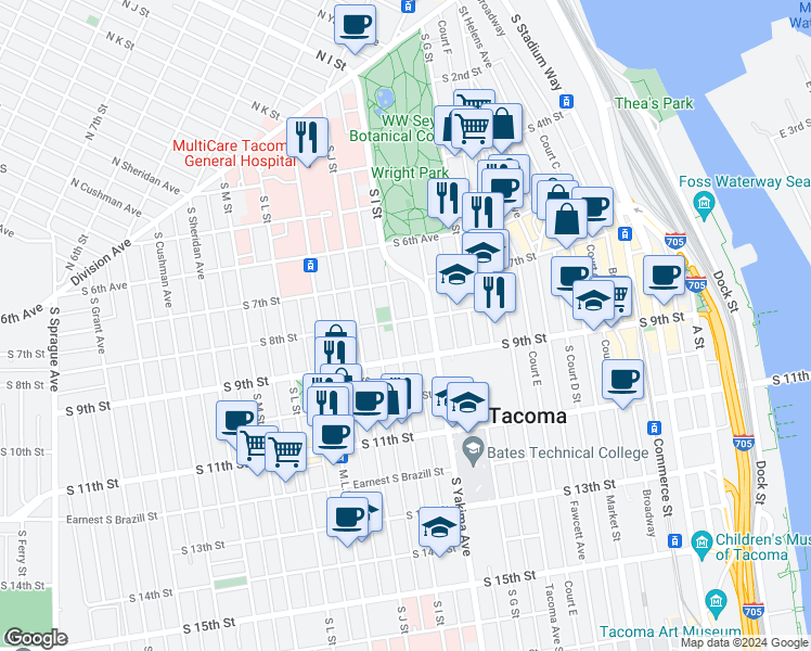 map of restaurants, bars, coffee shops, grocery stores, and more near 707 South I Street in Tacoma