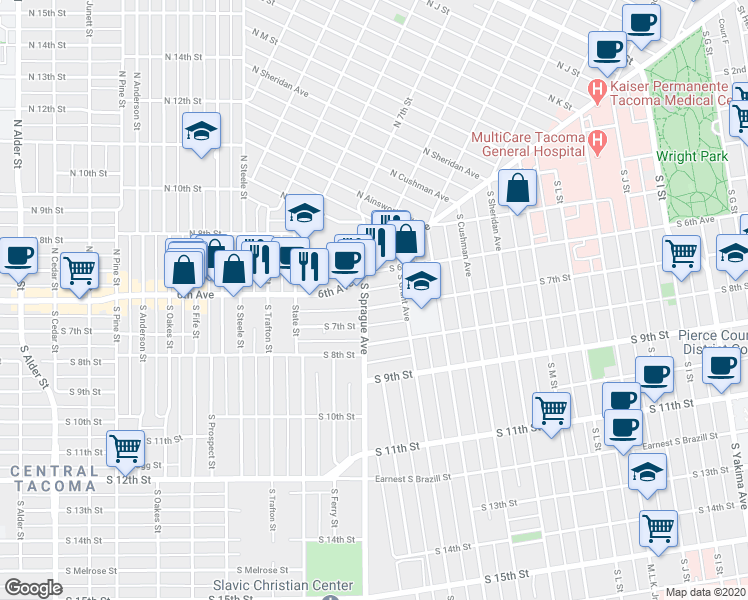 map of restaurants, bars, coffee shops, grocery stores, and more near in Tacoma
