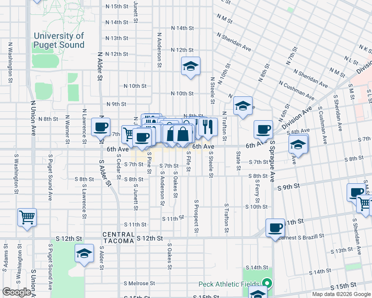 map of restaurants, bars, coffee shops, grocery stores, and more near 610 North Fife Street in Tacoma