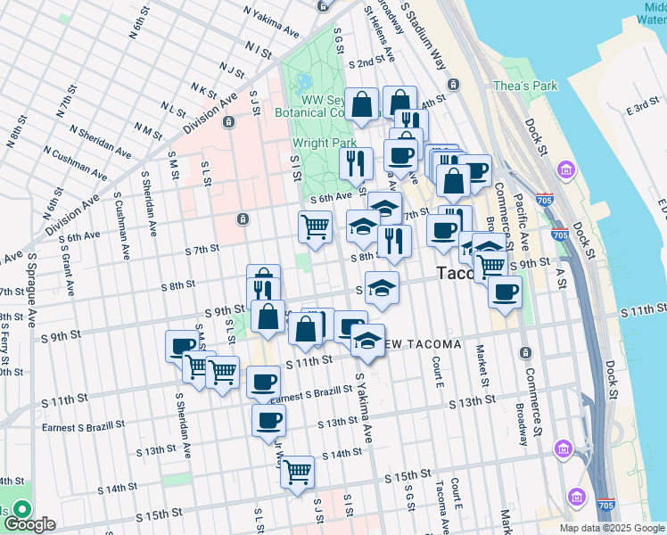map of restaurants, bars, coffee shops, grocery stores, and more near 802-804 South Yakima Avenue in Tacoma