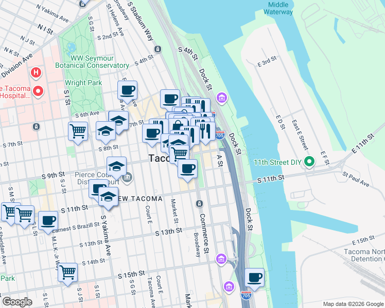 map of restaurants, bars, coffee shops, grocery stores, and more near South 9th Street & Commerce Street in Tacoma