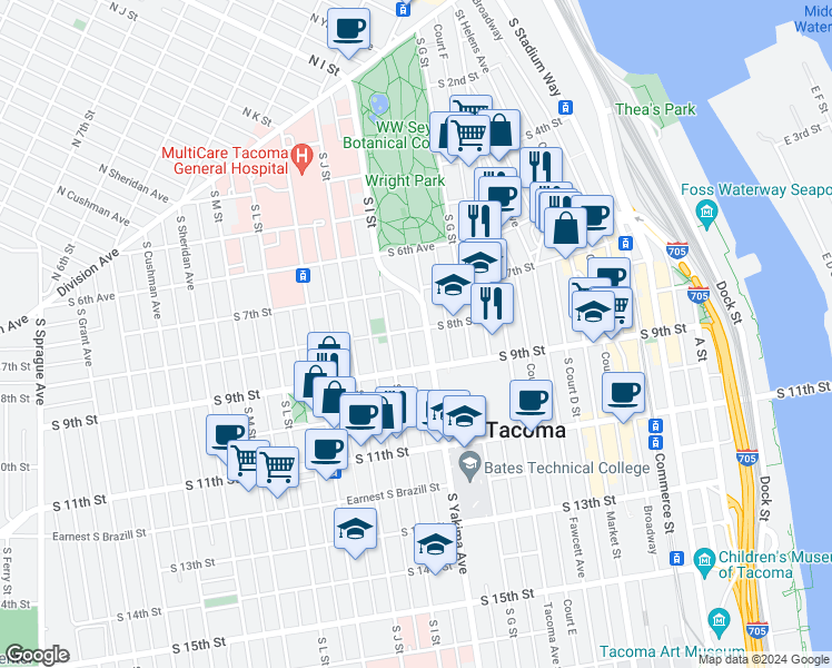 map of restaurants, bars, coffee shops, grocery stores, and more near 802 South Yakima Avenue in Tacoma