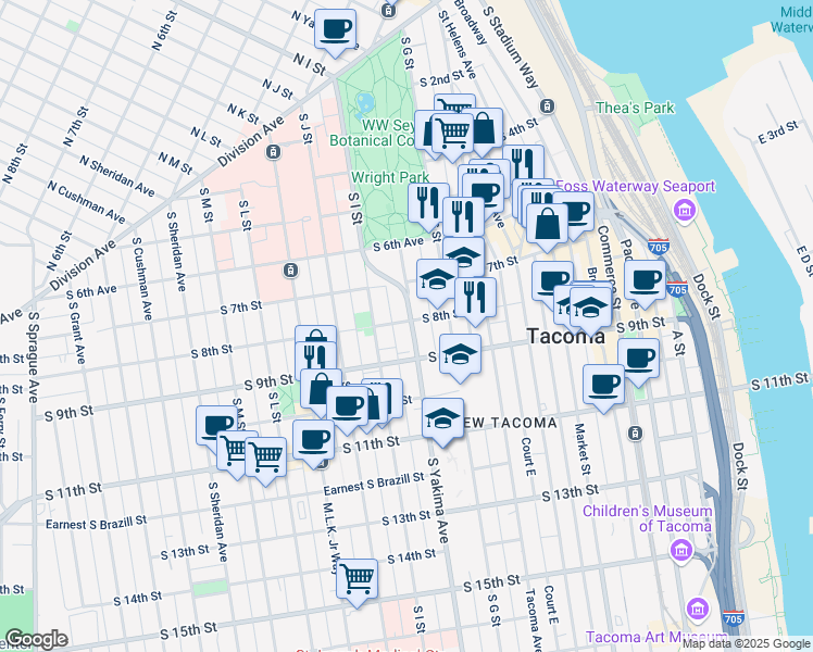 map of restaurants, bars, coffee shops, grocery stores, and more near 715 South Yakima Avenue in Tacoma