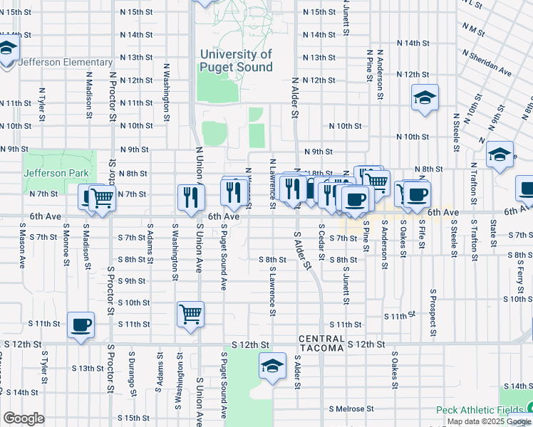 map of restaurants, bars, coffee shops, grocery stores, and more near 3302 North Lawrence Street in Tacoma