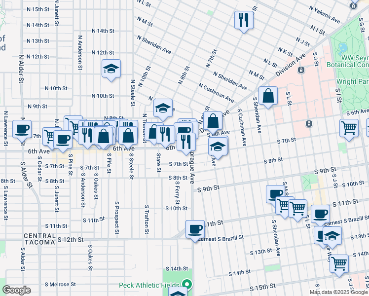 map of restaurants, bars, coffee shops, grocery stores, and more near in Tacoma