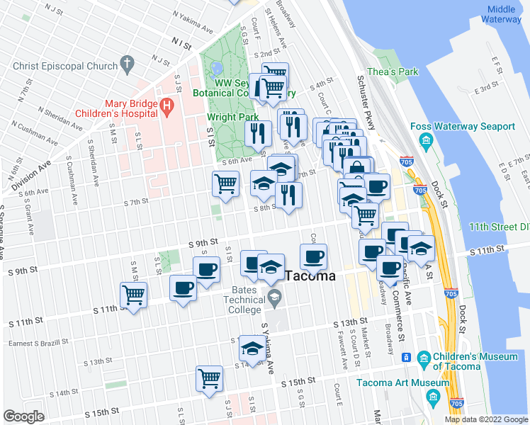 map of restaurants, bars, coffee shops, grocery stores, and more near 708-710 South 8th Street in Tacoma