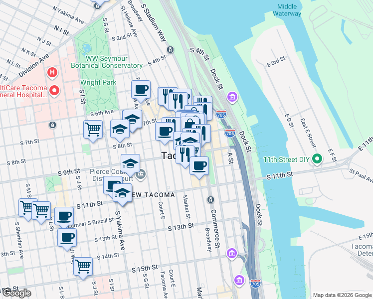 map of restaurants, bars, coffee shops, grocery stores, and more near in Tacoma