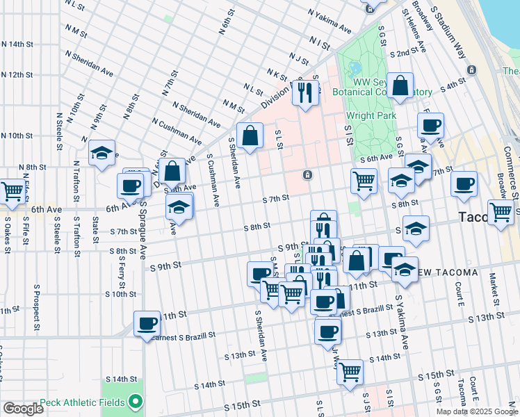map of restaurants, bars, coffee shops, grocery stores, and more near 708 South M Street in Tacoma