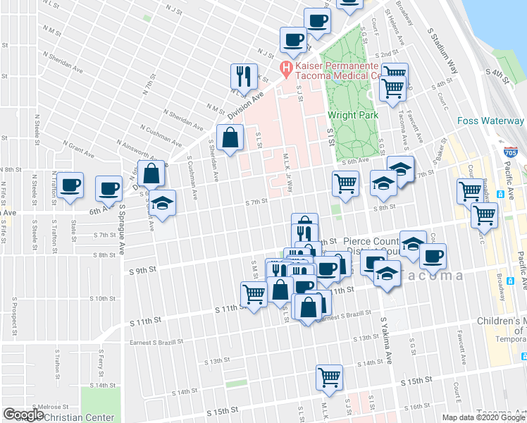 map of restaurants, bars, coffee shops, grocery stores, and more near 621 South L Street in Tacoma
