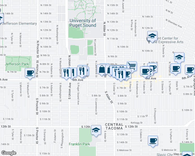 map of restaurants, bars, coffee shops, grocery stores, and more near 3302 North Lawrence Street in Tacoma