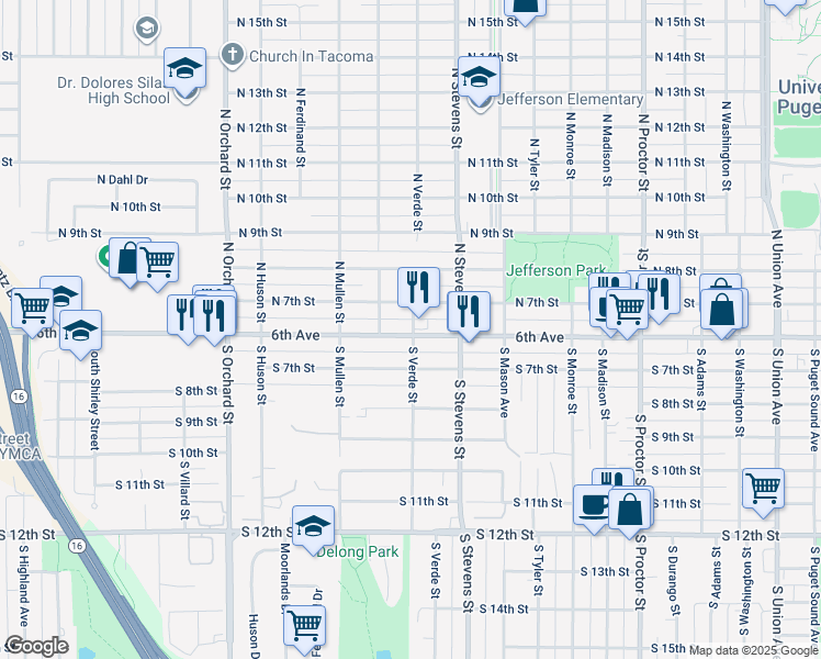 map of restaurants, bars, coffee shops, grocery stores, and more near 4428 North 7th Street in Tacoma