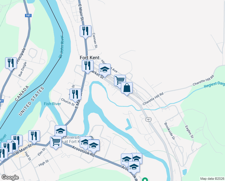 map of restaurants, bars, coffee shops, grocery stores, and more near 101 Market Street in Fort Kent