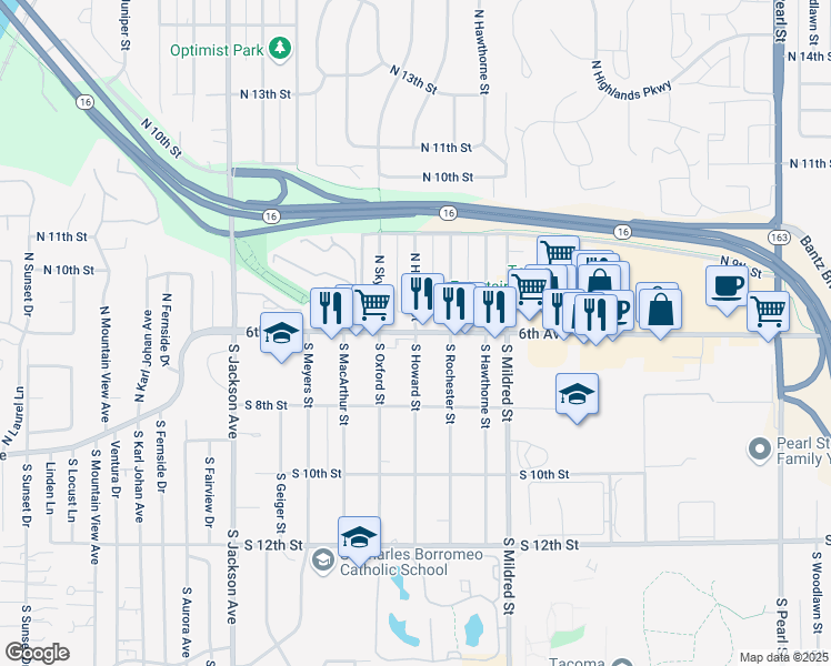 map of restaurants, bars, coffee shops, grocery stores, and more near 6th Avenue in Tacoma