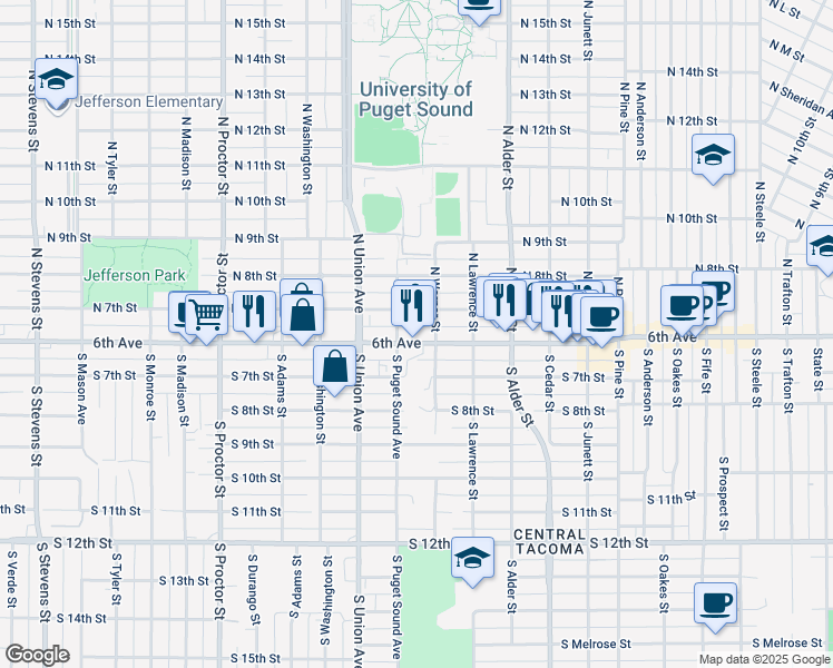 map of restaurants, bars, coffee shops, grocery stores, and more near 3402 North 7th Street in Tacoma
