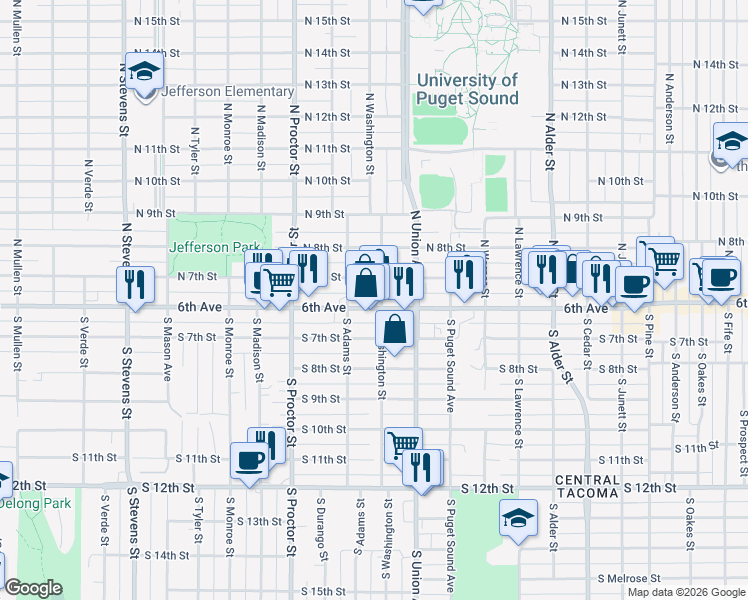 map of restaurants, bars, coffee shops, grocery stores, and more near 3706 North 7th Street in Tacoma