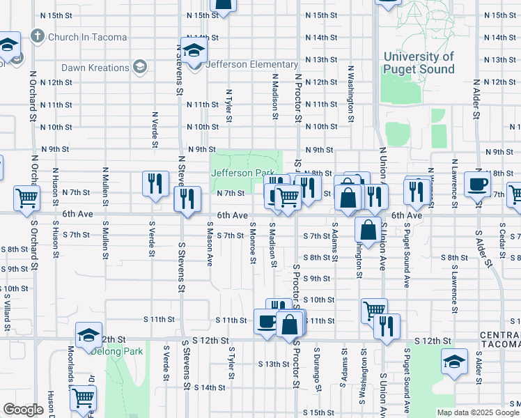 map of restaurants, bars, coffee shops, grocery stores, and more near 4016 North 7th Street in Tacoma