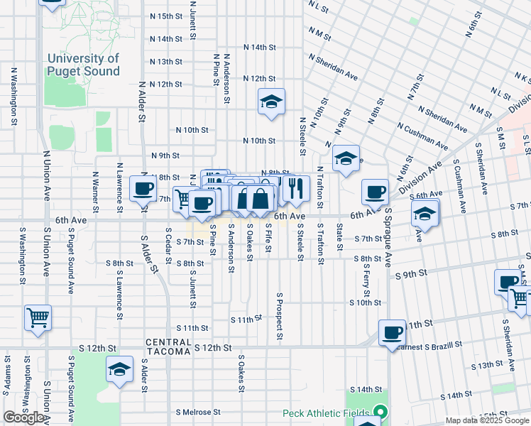 map of restaurants, bars, coffee shops, grocery stores, and more near 610 North Fife Street in Tacoma