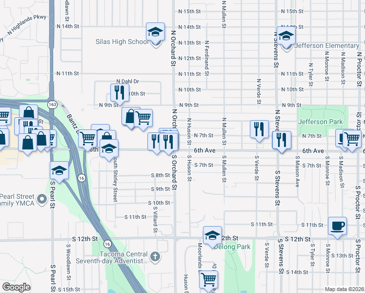 map of restaurants, bars, coffee shops, grocery stores, and more near 615 North Orchard Street in Tacoma