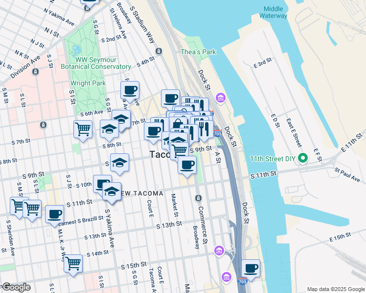 map of restaurants, bars, coffee shops, grocery stores, and more near 786 Commerce Street in Tacoma