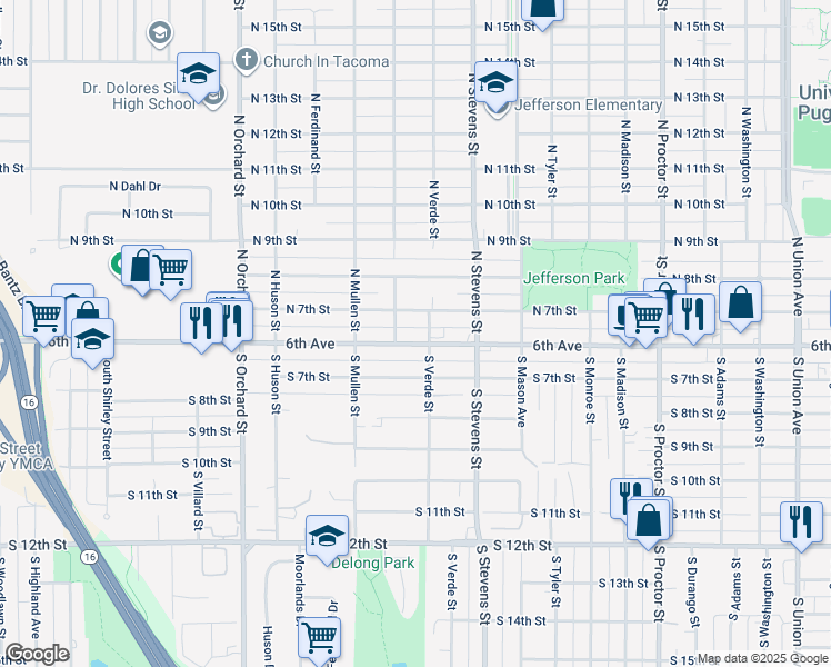 map of restaurants, bars, coffee shops, grocery stores, and more near 4520 North 7th Street in Tacoma