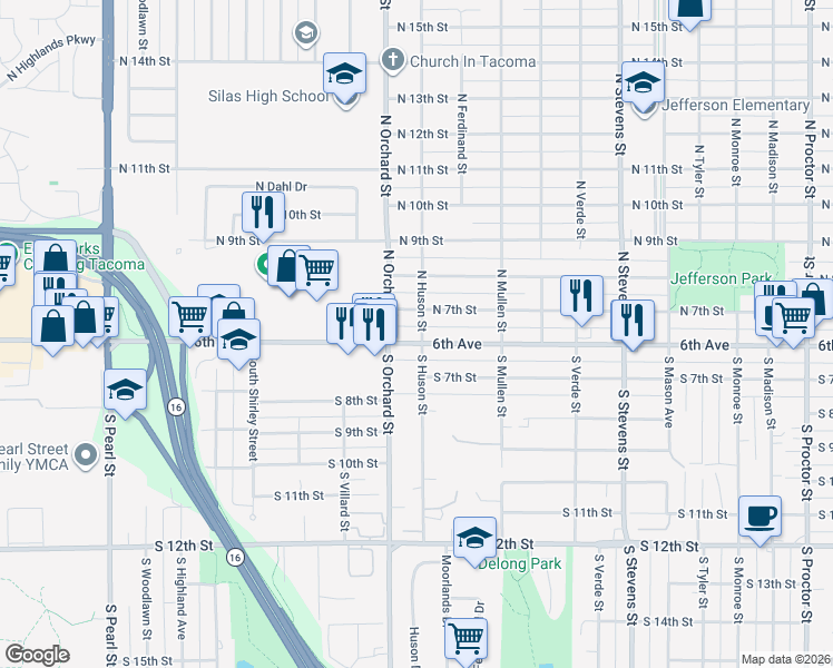 map of restaurants, bars, coffee shops, grocery stores, and more near 4850 North 7th Street in Tacoma
