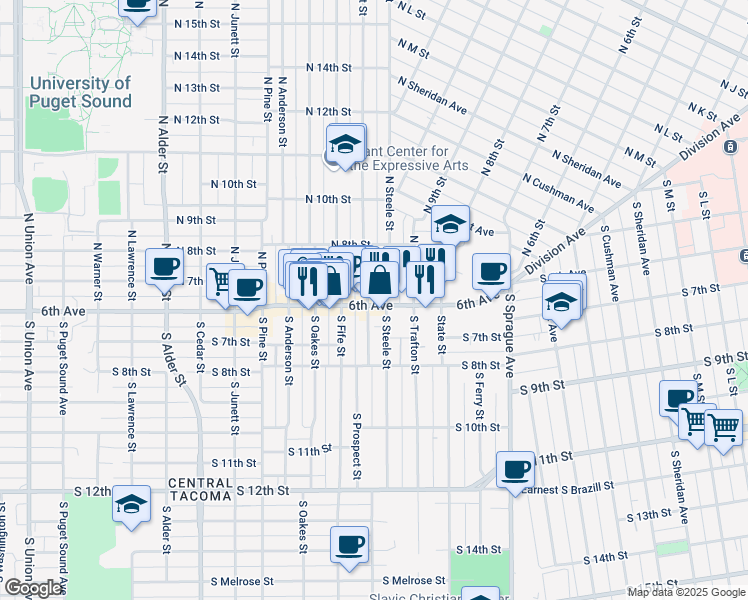 map of restaurants, bars, coffee shops, grocery stores, and more near 613 North Prospect Street in Tacoma