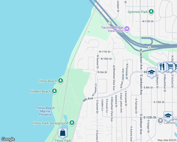 map of restaurants, bars, coffee shops, grocery stores, and more near 8214 North 9th Street in Tacoma