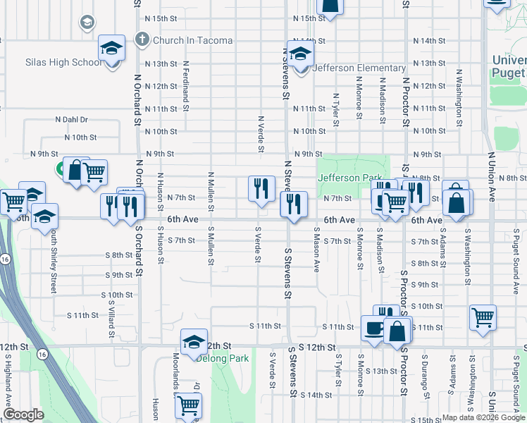 map of restaurants, bars, coffee shops, grocery stores, and more near 4427 6th Avenue in Tacoma