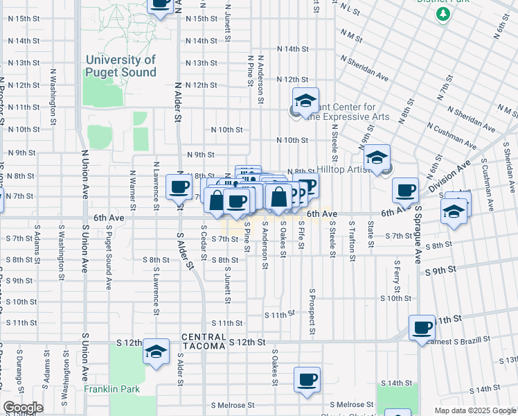 map of restaurants, bars, coffee shops, grocery stores, and more near 609 North Pine Street in Tacoma