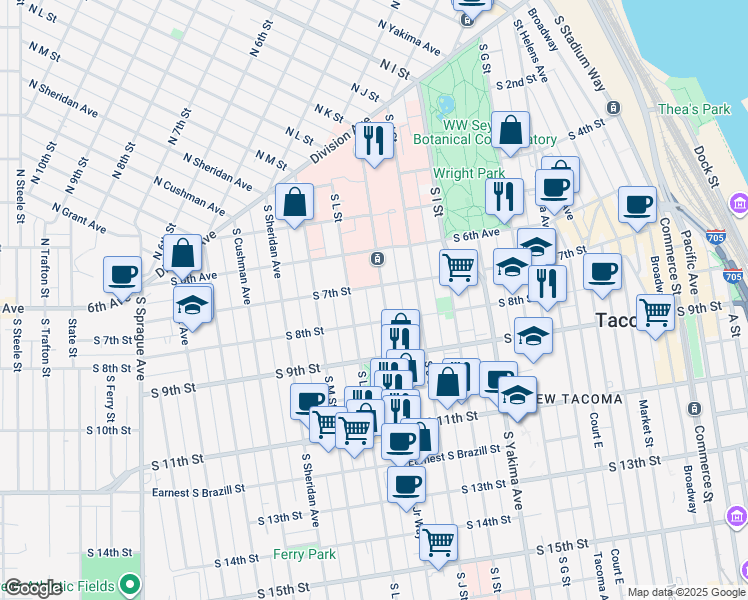 map of restaurants, bars, coffee shops, grocery stores, and more near 1020 South 7th Street in Tacoma