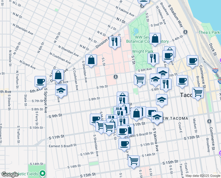 map of restaurants, bars, coffee shops, grocery stores, and more near 621 South L Street in Tacoma