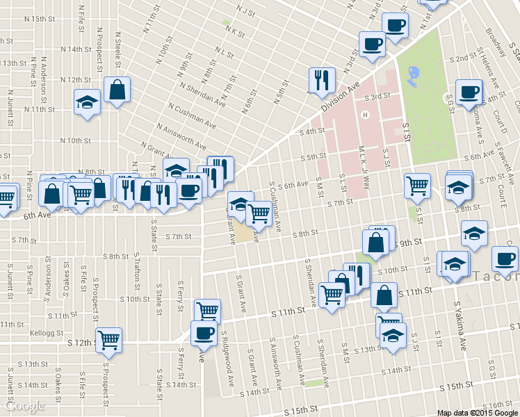 map of restaurants, bars, coffee shops, grocery stores, and more near 611 South Ainsworth Avenue in Tacoma