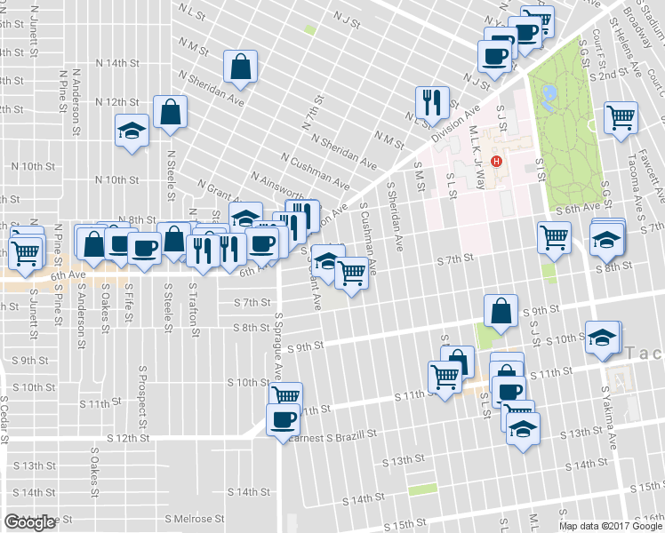 map of restaurants, bars, coffee shops, grocery stores, and more near 611 South Ainsworth Avenue in Tacoma