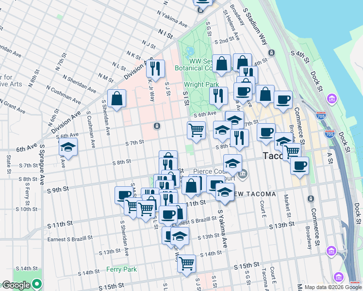 map of restaurants, bars, coffee shops, grocery stores, and more near 705 South J Street in Tacoma