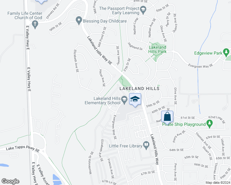 map of restaurants, bars, coffee shops, grocery stores, and more near 5909 Panorama Drive Southeast in Auburn