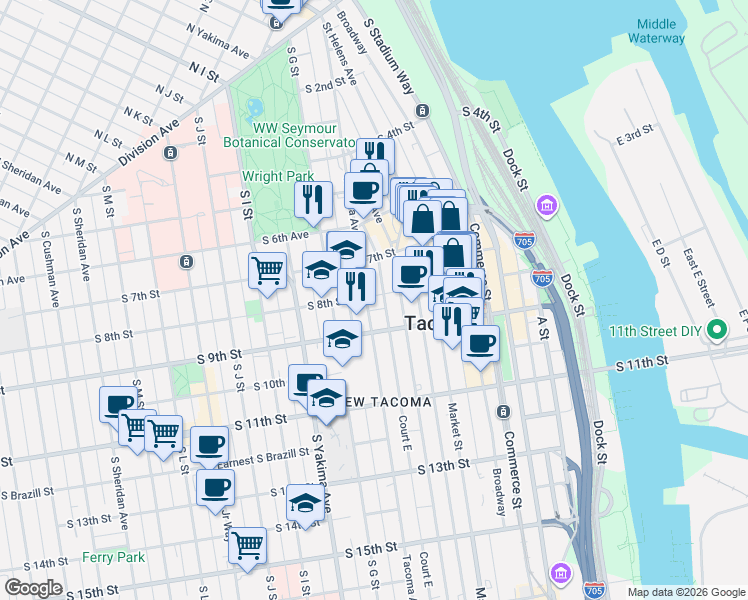 map of restaurants, bars, coffee shops, grocery stores, and more near 725 Tacoma Avenue South in Tacoma