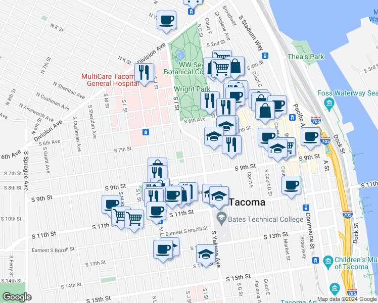 map of restaurants, bars, coffee shops, grocery stores, and more near 707 South I Street in Tacoma