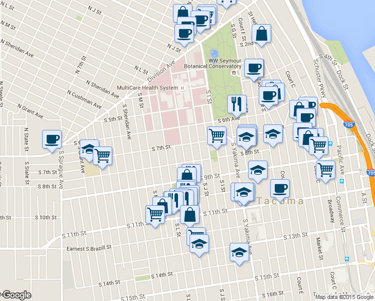 map of restaurants, bars, coffee shops, grocery stores, and more near 1020 South 7th Street in Tacoma