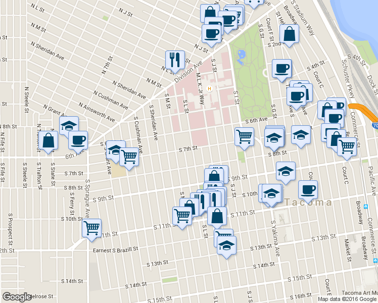map of restaurants, bars, coffee shops, grocery stores, and more near 621 South L Street in Tacoma