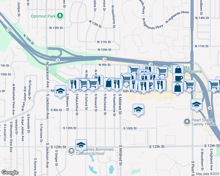 map of restaurants, bars, coffee shops, grocery stores, and more near 614 North Hawthorne Street in Tacoma