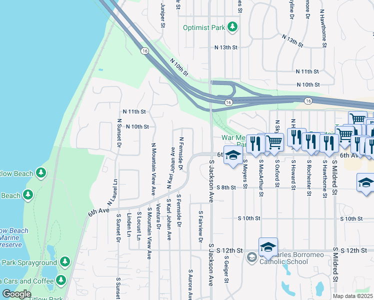map of restaurants, bars, coffee shops, grocery stores, and more near 650 North Fernside Drive in Tacoma