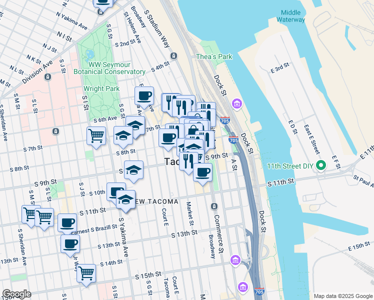 map of restaurants, bars, coffee shops, grocery stores, and more near 747 Market Street in Tacoma