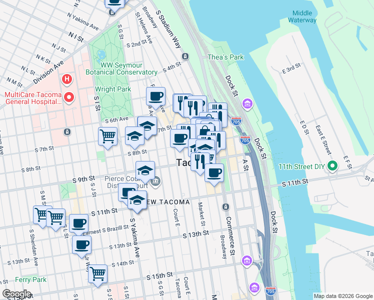 map of restaurants, bars, coffee shops, grocery stores, and more near in Tacoma
