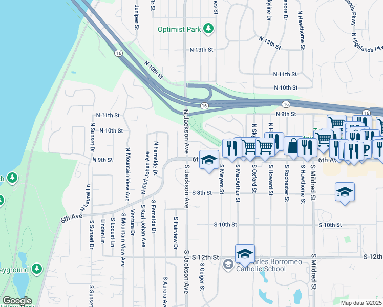 map of restaurants, bars, coffee shops, grocery stores, and more near 601 North Jackson Avenue in Tacoma