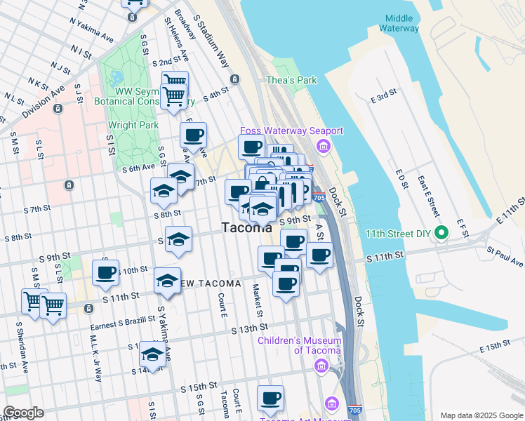 map of restaurants, bars, coffee shops, grocery stores, and more near 755 Saint Helens Avenue in Tacoma
