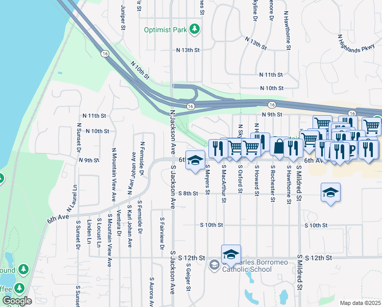 map of restaurants, bars, coffee shops, grocery stores, and more near 7319 6th Avenue in Tacoma