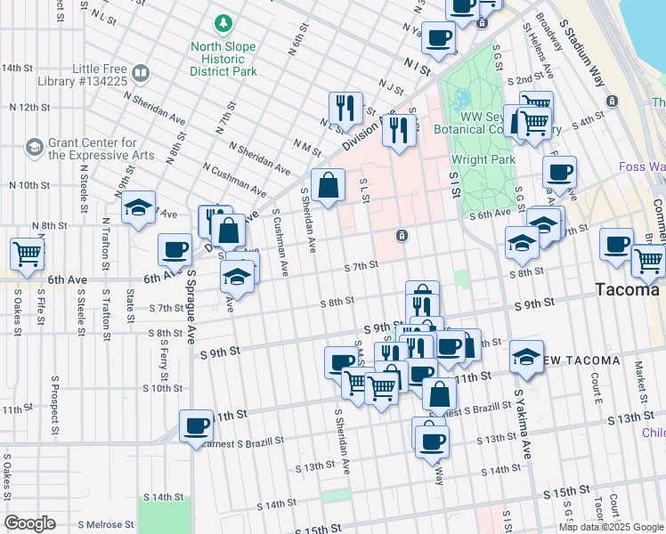map of restaurants, bars, coffee shops, grocery stores, and more near 1311 South 7th Street in Tacoma