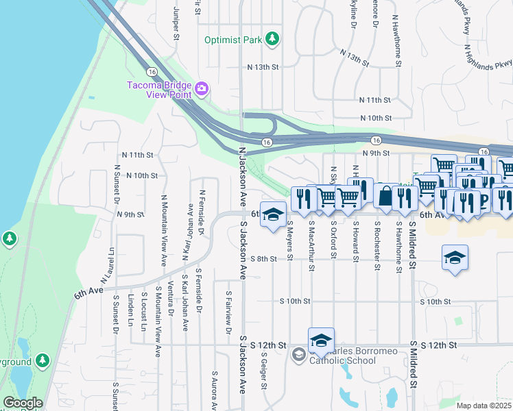 map of restaurants, bars, coffee shops, grocery stores, and more near 7333 6th Avenue in Tacoma